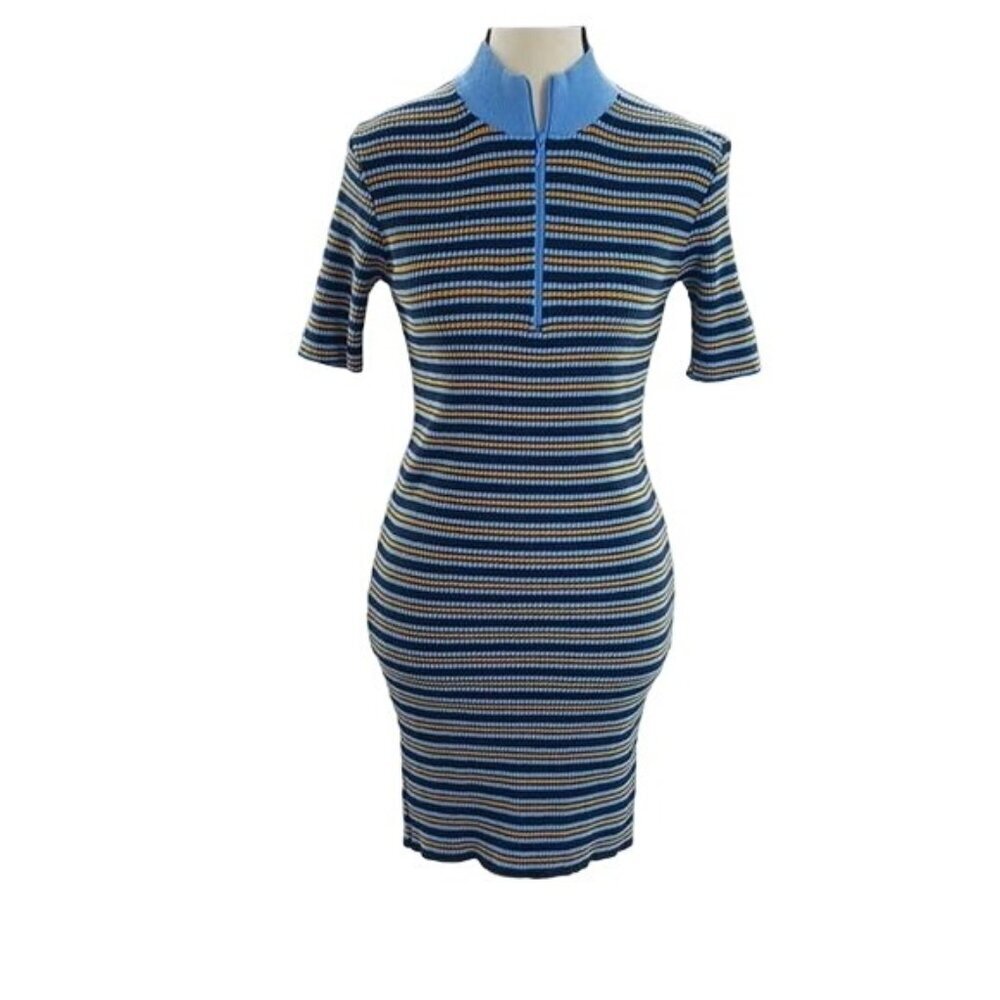 Urban Outfitters Womens Knit Sweater Dress Striped Zip Neck Bodycon Blue Small